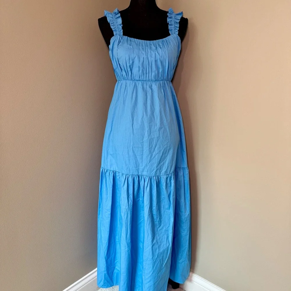 Abercrombie & Fitch Blue Ruffle Strap Tie Back Pleated Tiered Maxi Dress Small